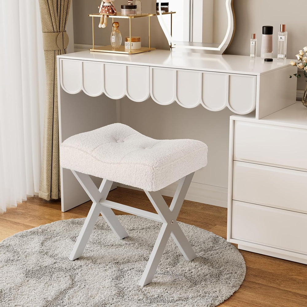 18-Inch Vanity Stool Chair, White Padded Saddle Makeup Stool