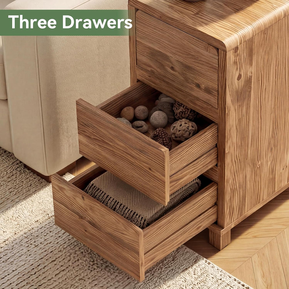 Set of 2 3 Drawers Solid Wood Side End Table for Living Room, Rustic Farmhous...