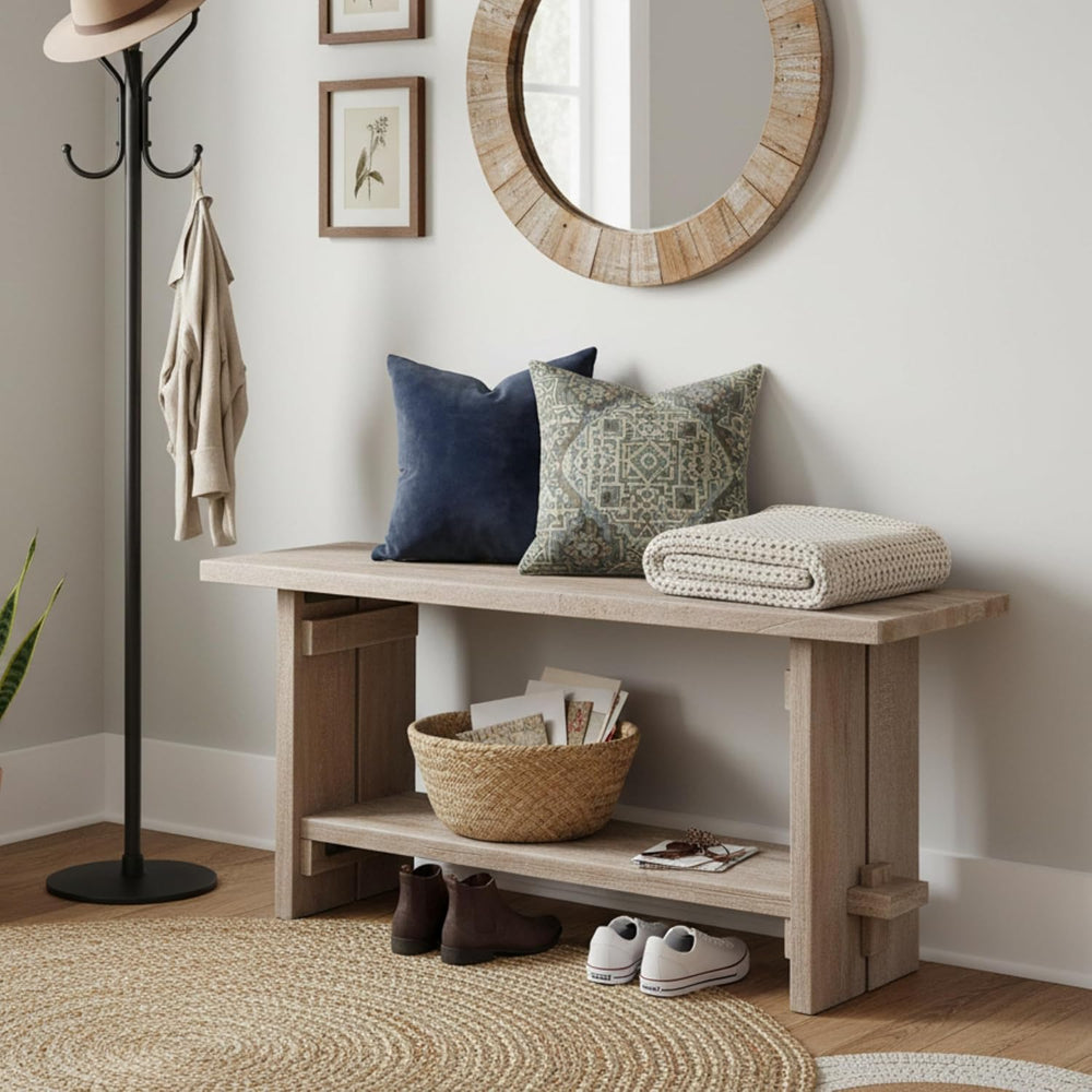 Alaterre Furniture Bethel Entryway Bench with Storage Shelf – Rustic Farmhous...