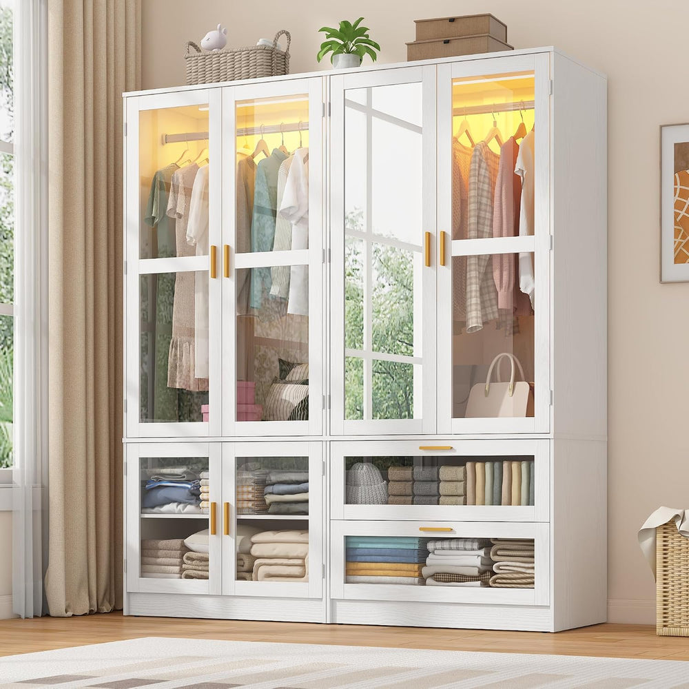 4 Doors Armoire Wardrobe Closet with LED and Mirror,71" H Freestanding W...
