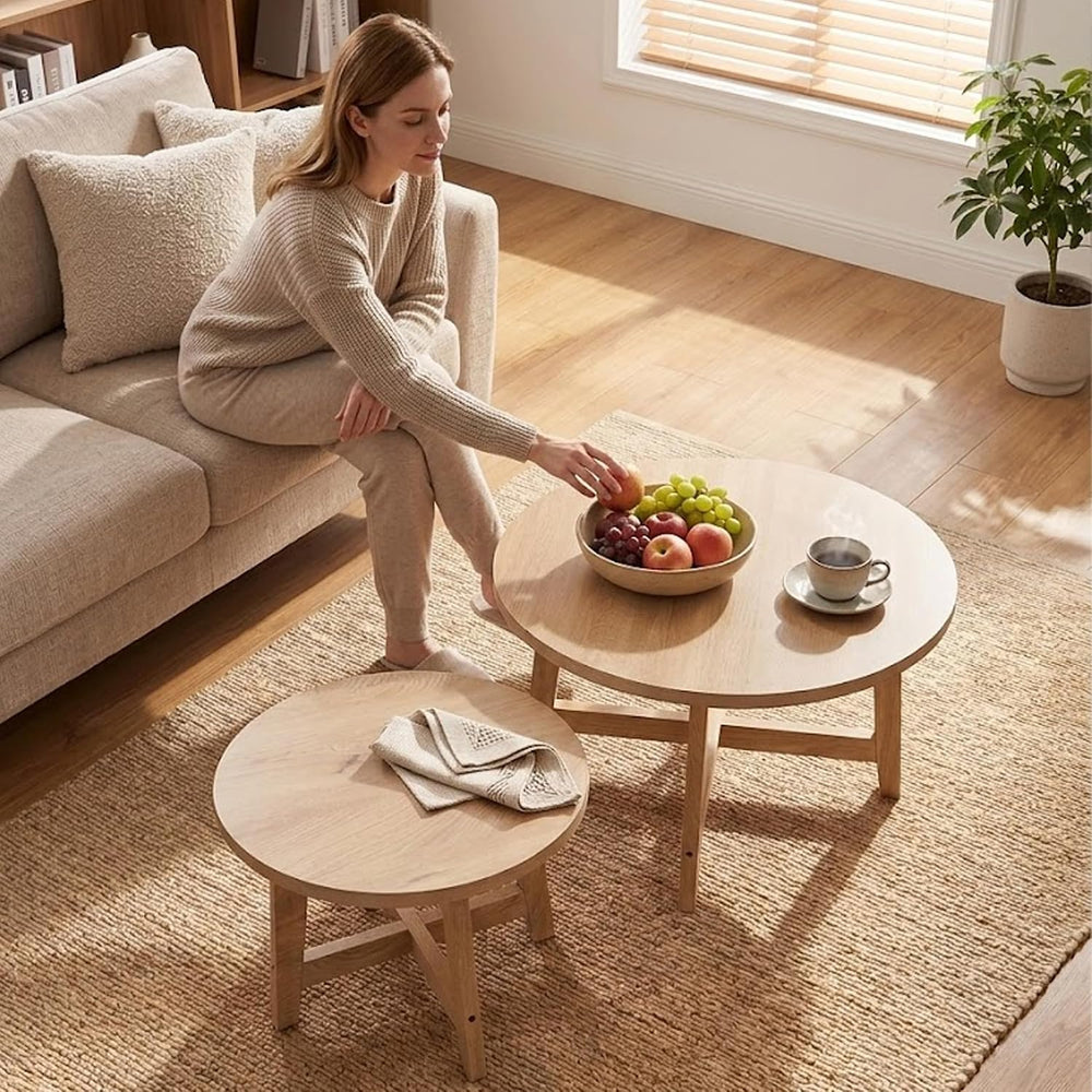 Round Nesting Coffee Tables, Set of 2, Natural Wood Finish Modern Side Tables...