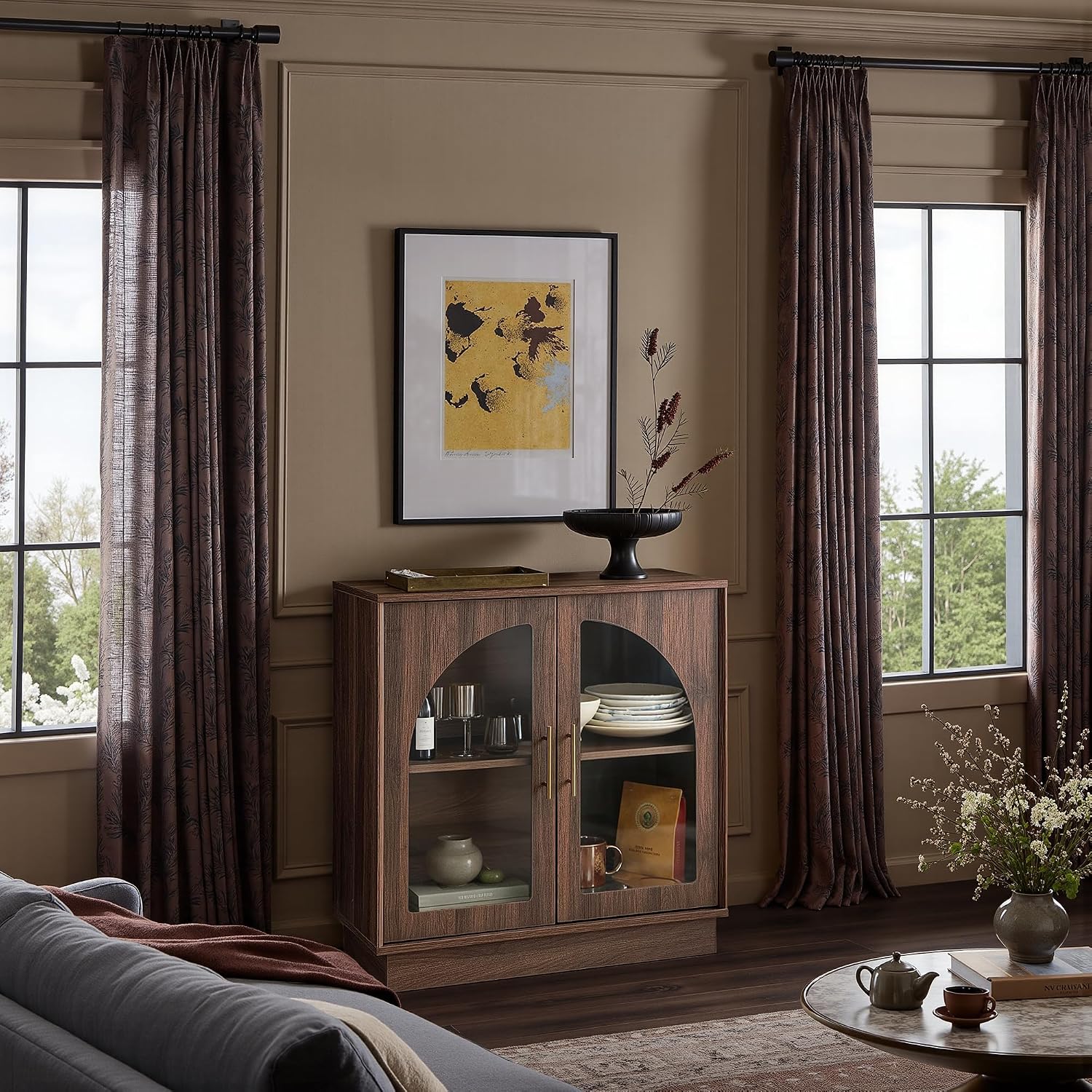 FORTUNETEC 31.5" Sideboard Buffet Cabinet with Arched Glass Doors Set of 2 | Modern Accent Cabinet, Modular Media Console with Storage, Adjustable Shelves, for Living Dining Room Entryway, Dark Walnut