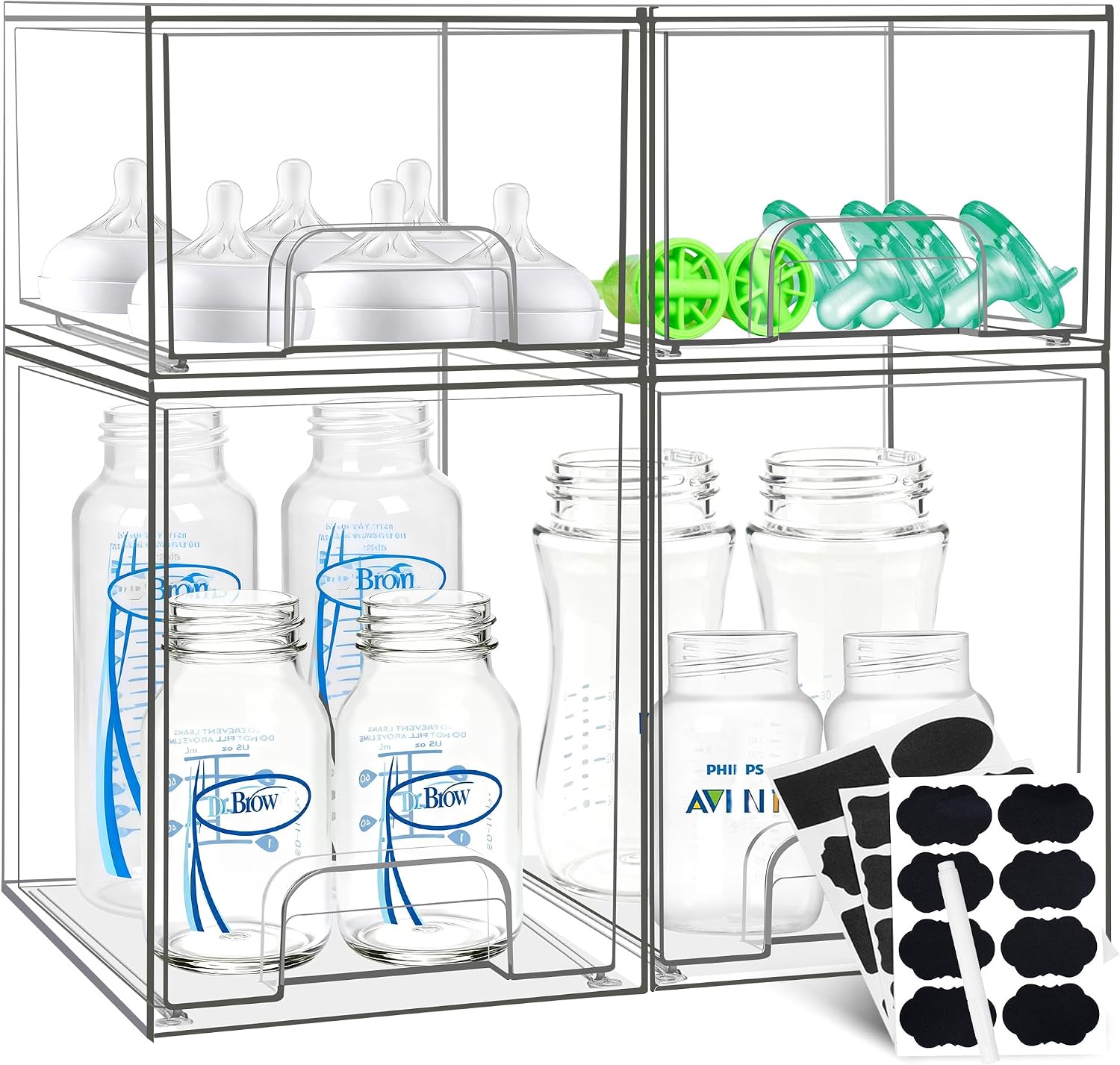 Baby Bottle Organizer, Stackable Storage Drawers with Label, Clear Station Organizers Container for Pacifiers, Pump Parts, Desk Organizer Bins for Bathroom, Cabinet, Pantry, Vanity, Countertop, 4 Pack