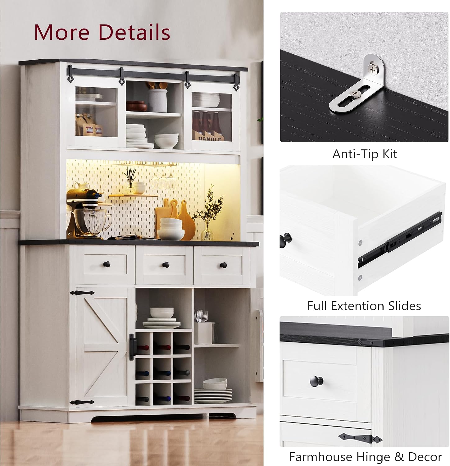 71" White Oak Coffee Bar Cabinet with Internal Storage Rack, Farmhouse Large Kitchen Hutch with Hutch Wine Glasses Rack, 3 Drawers, Sliding Door, Power Outlet, Buffet Storage Table, Cafe