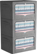 FHSQX 3 Pack Clothes Storage Bins Foldable Metal Frame Storage Box Stackable Linen Fabric Organizer Set with Carrying Handles and Clear Window (Dark Gray, 15.7x11.8x7.8inch(22L))