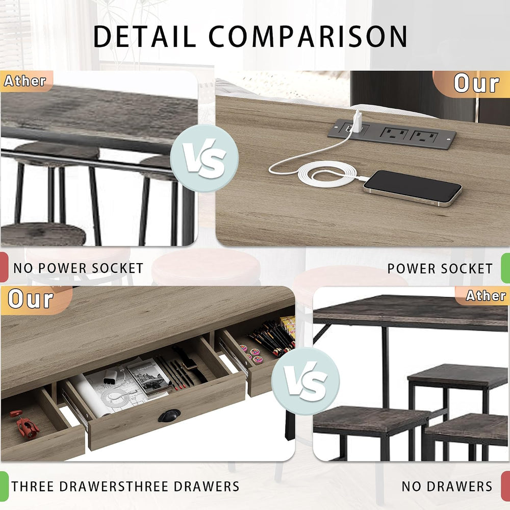 Bar Table and Chairs Set, 60.24” Long Pub Tables with 3 Stools, High Top Tabl...