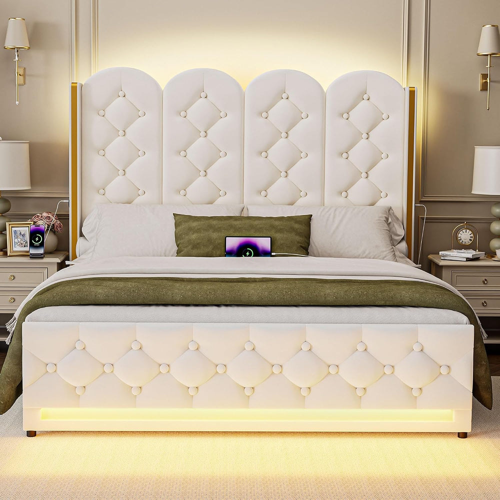 58" Tall Hydraulic Lift Up Storage Bed Frame Full Size, Beige