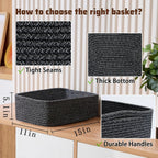 Large Shallow Organizing Baskets 15x11x5.1 Inches - Rope Woven Storage Bins for Bathroom, Shelves, Cube Closet, Mixed Black 4 Packs