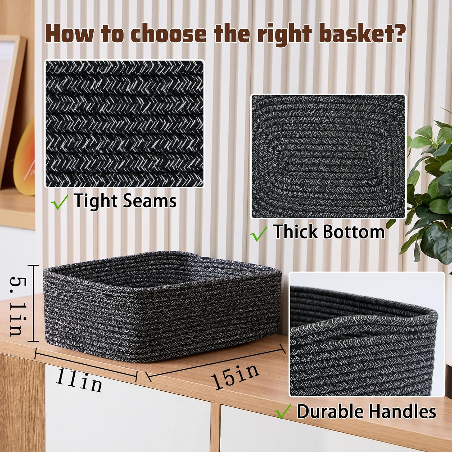 Large Shallow Organizing Baskets 15x11x5.1 Inches - Rope Woven Storage Bins for Bathroom, Shelves, Cube Closet, Mixed Black 4 Packs