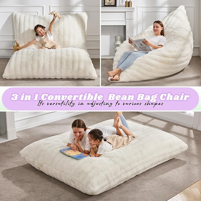 Hobestluk 3 in 1 Bean Bag Chair Giant Bean Bag Chairs for Adults with Ripple Cover Convertible Bean Bag Floor Cushion with Machine Washable Cover for Living Room (Ripple White)