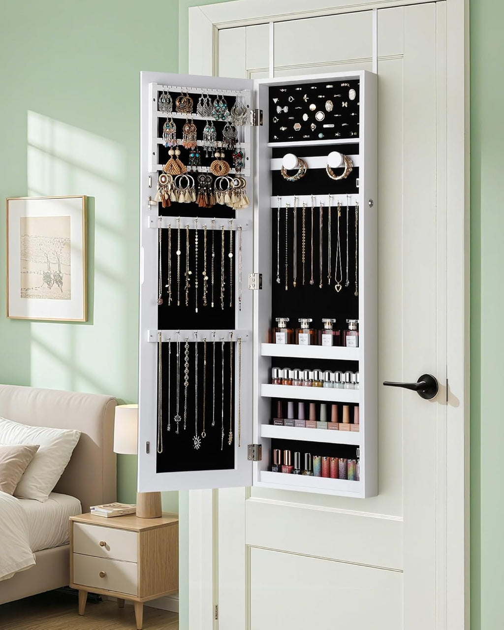 Nicetree Mirror Jewelry Cabinet, Jewelry Armoire with Full Length Mirror,Mirror with Jewelry Storage Wall/Door Mounted, Lockable Jewelry Armoire Organizer,White