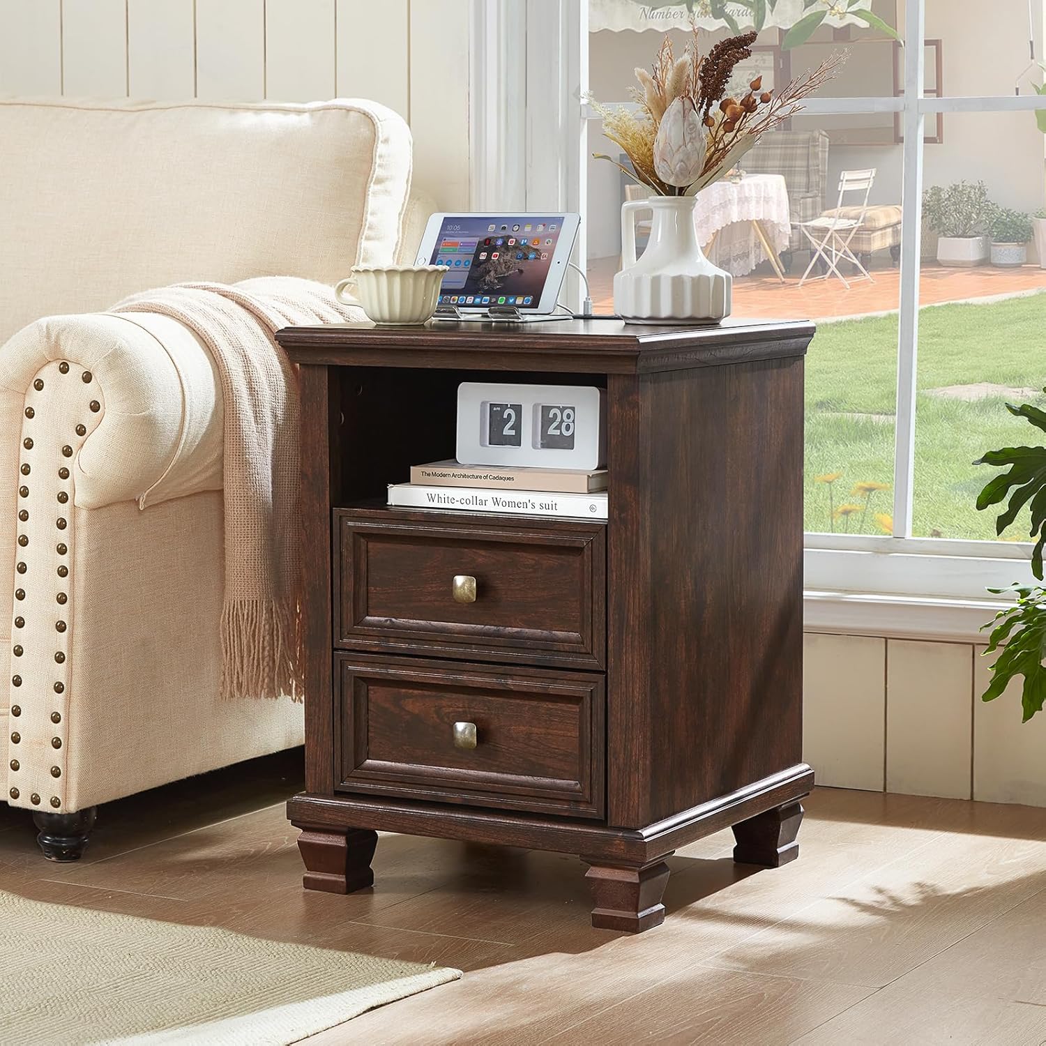 SAVOR LIFE Farmhouse Nightstand with Charging Station, Walnut | End Tables Bedroom with 2 Drawers, Traditional Night Stand with Open Shelf & Thickened Top & Square Wooden Legs