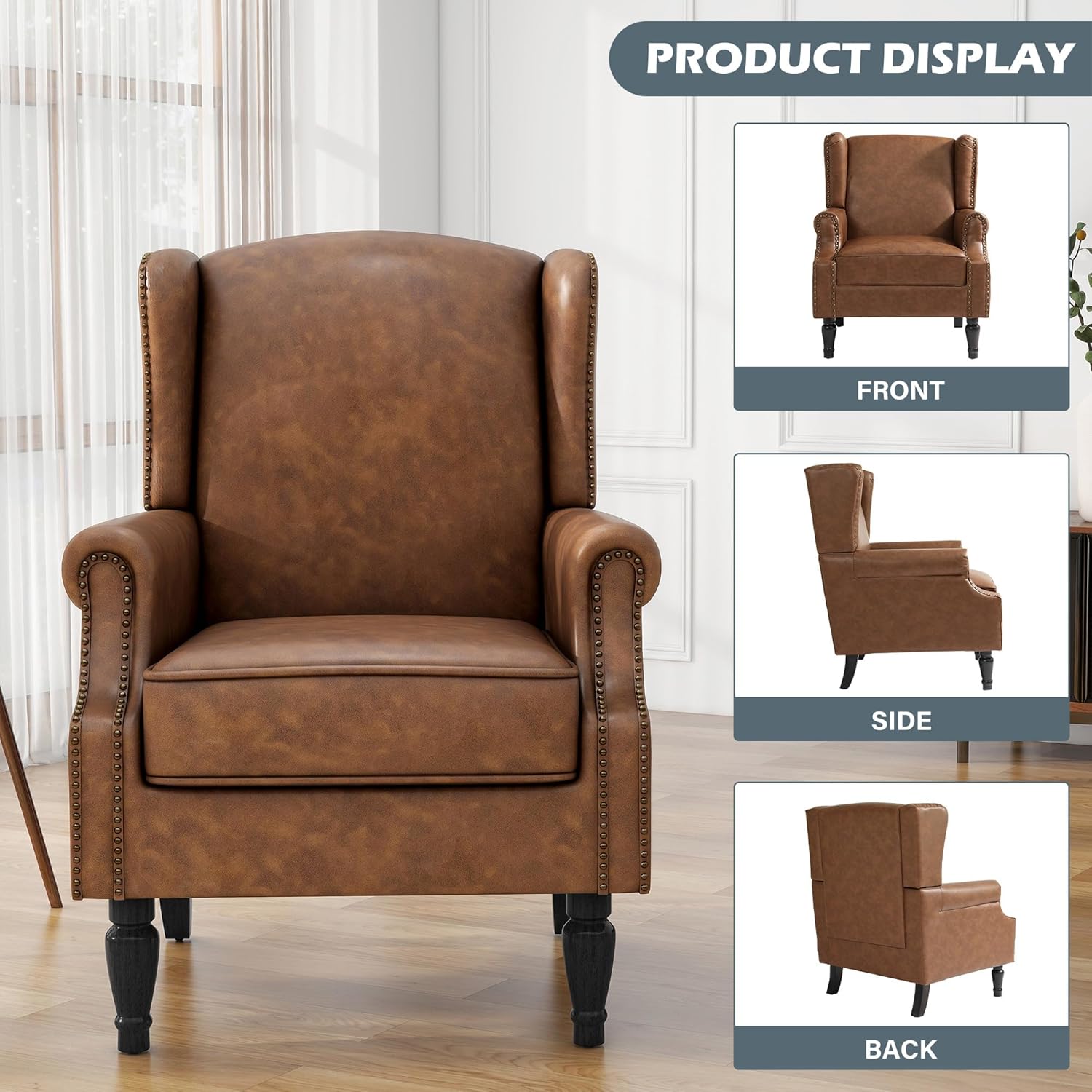 High Back Accent Chairs Set of 2, Faux Leather Wingback Armchair | Modern Upholstered Reading Seat with Removable Cushion | Comfy Nailhead Trim Single Sofa for Living Room, Bedroom - Brown