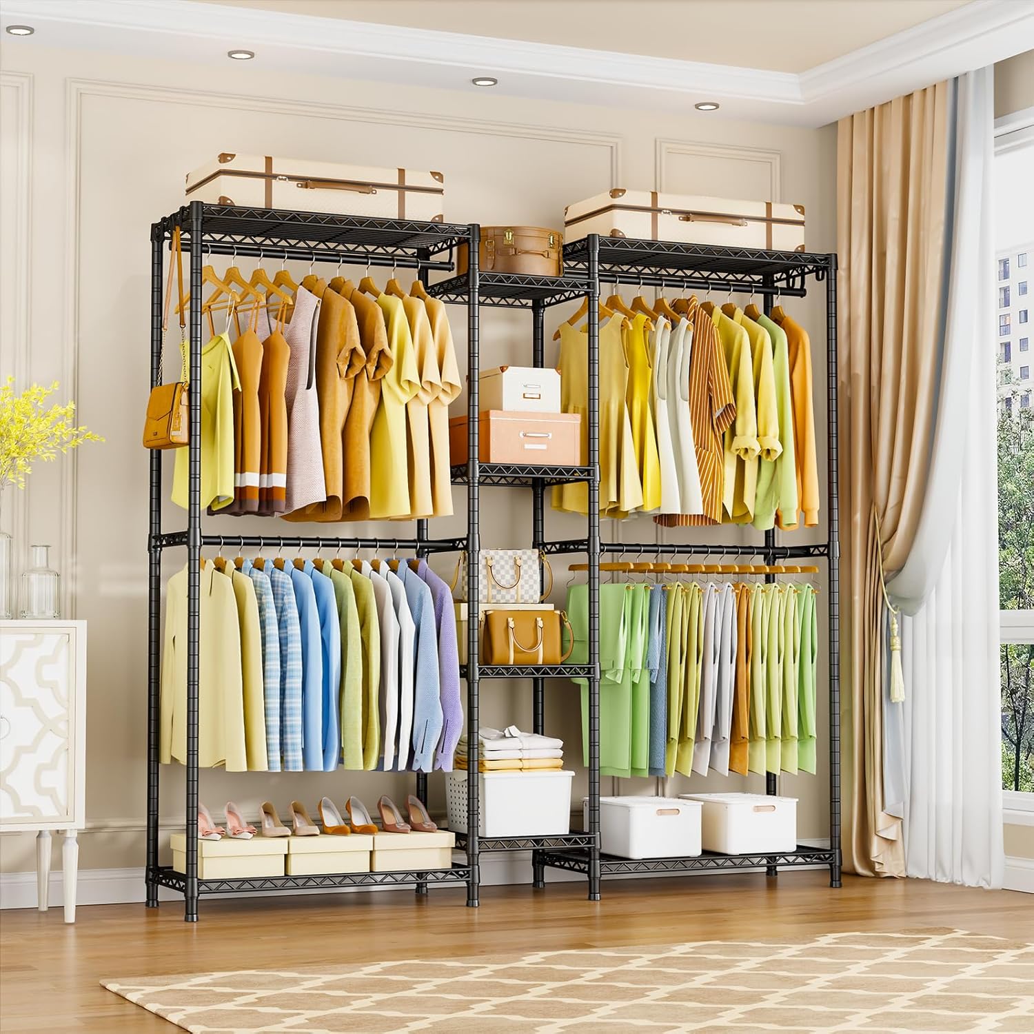 Ulif E4 Clothes Rack, Heavy-Duty Garment Rack, Metal Freestanding Clothing Organization Storage System Can Be L-Shaped with Shelves and Hangers, Max Load 962lbs, 71.6" W x 14.5" D x 79.3" H, Black