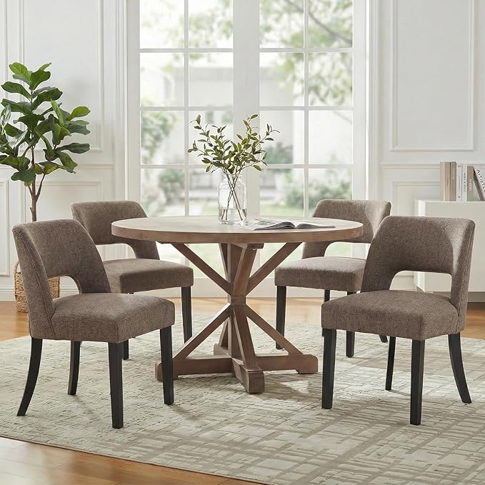 keoni Wooden Dining Chairs Set of 6, Mid Century Modern Upholstered Dining Room Chairs with Black Wood Legs, Fabric Farmhouse Kitchen Chairs with Foot Pegs for Dining Room, Brown