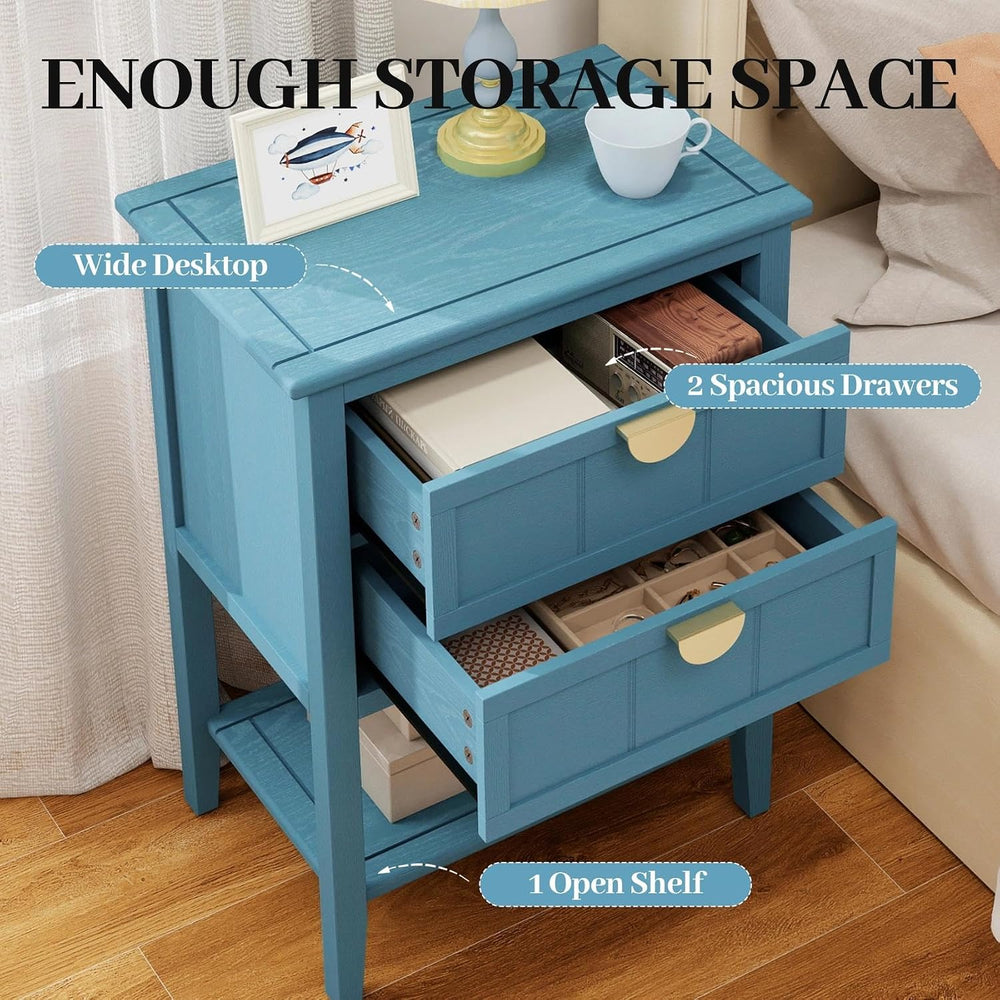 22" Blue Nightstand with 2 Storage Drawers Bedside Table with Open Shelf...