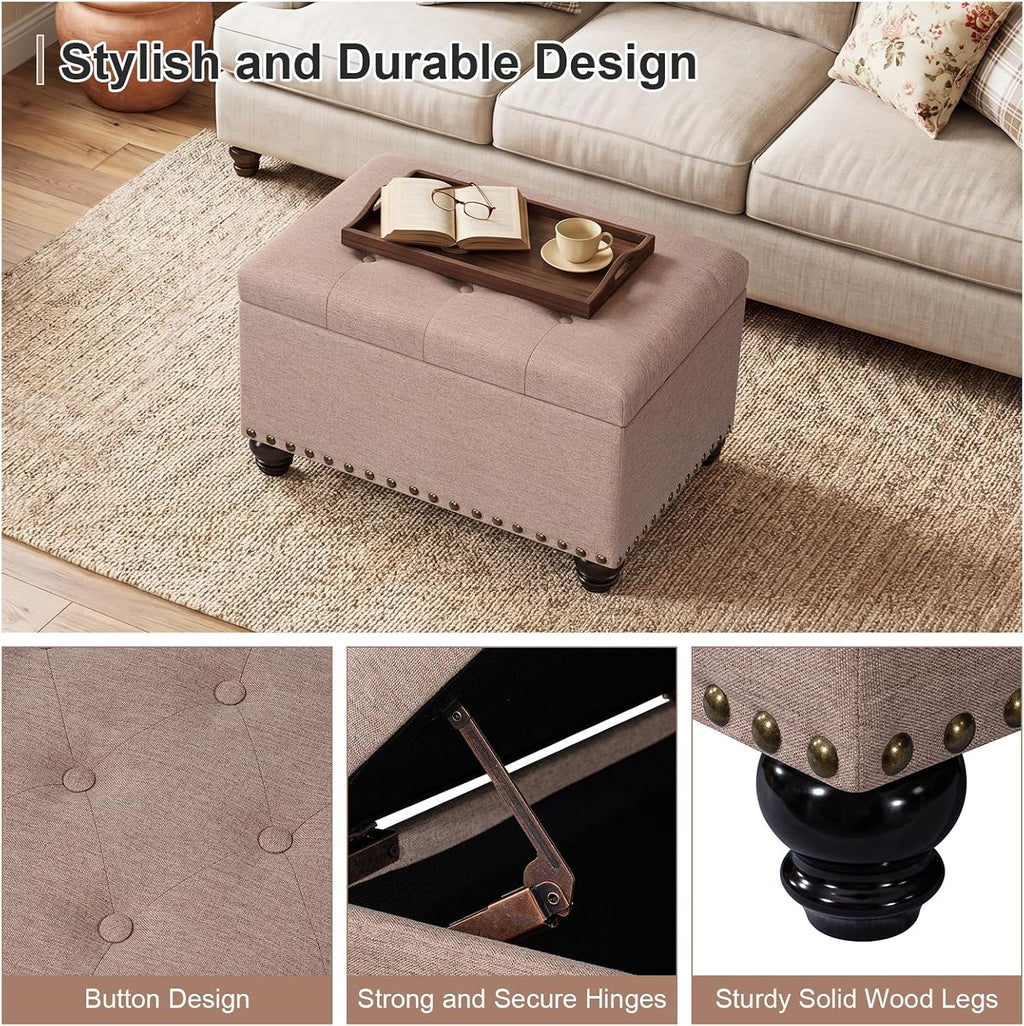 Ottoman with Storage, Fabric Ottoman Foot Rest 24" Rectangle Tufted Foot Stools Ottomans with Hinged Lid Upholstered Button Ottomans for Bedroom Living Room Entryway, Taupe