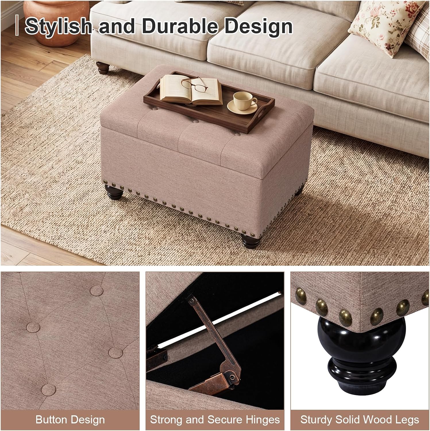 Ottoman with Storage, Fabric Ottoman Foot Rest 24" Rectangle Tufted Foot Stools Ottomans with Hinged Lid Upholstered Button Ottomans for Bedroom Living Room Entryway, Taupe