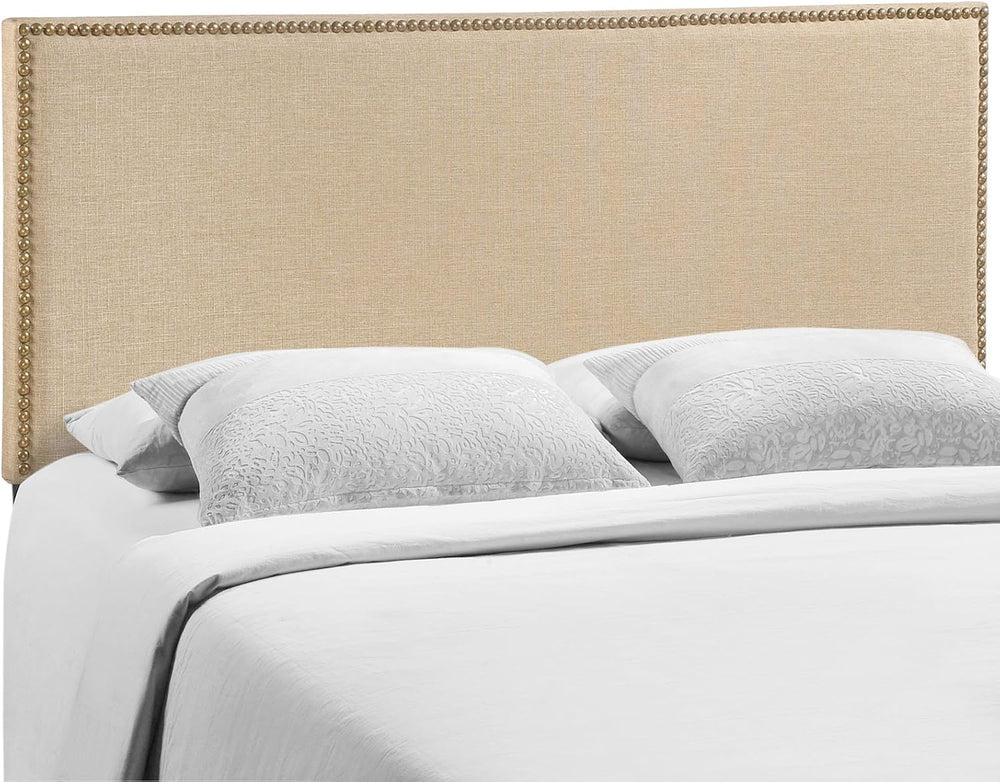 Modern Contemporary Queen Size Nailhead Upholstered Headboard, Beige Fabric