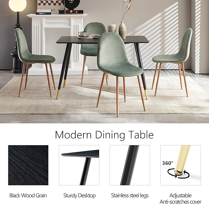 Home Kitchen Dining Room Set for 4, 5 PCS Dining Table Set, 47" Oblong Kitchen Table with MDF Black Wooden Borad and 4 Seated Upholstered Dining Chair Velvet for Dining Hall, Apartment