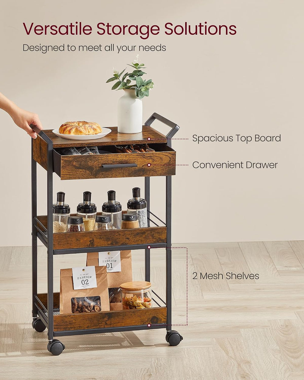 VASAGLE Storage Cart, 3-Tier Rolling Utility Cart with Table Top | Top Drawer...