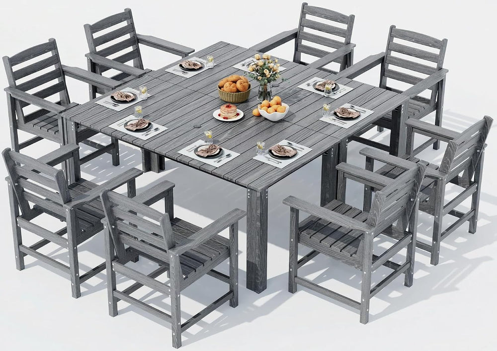 Dining Table Set, 10-Piece HDPE Outdoor Dining Set for 8, Gray