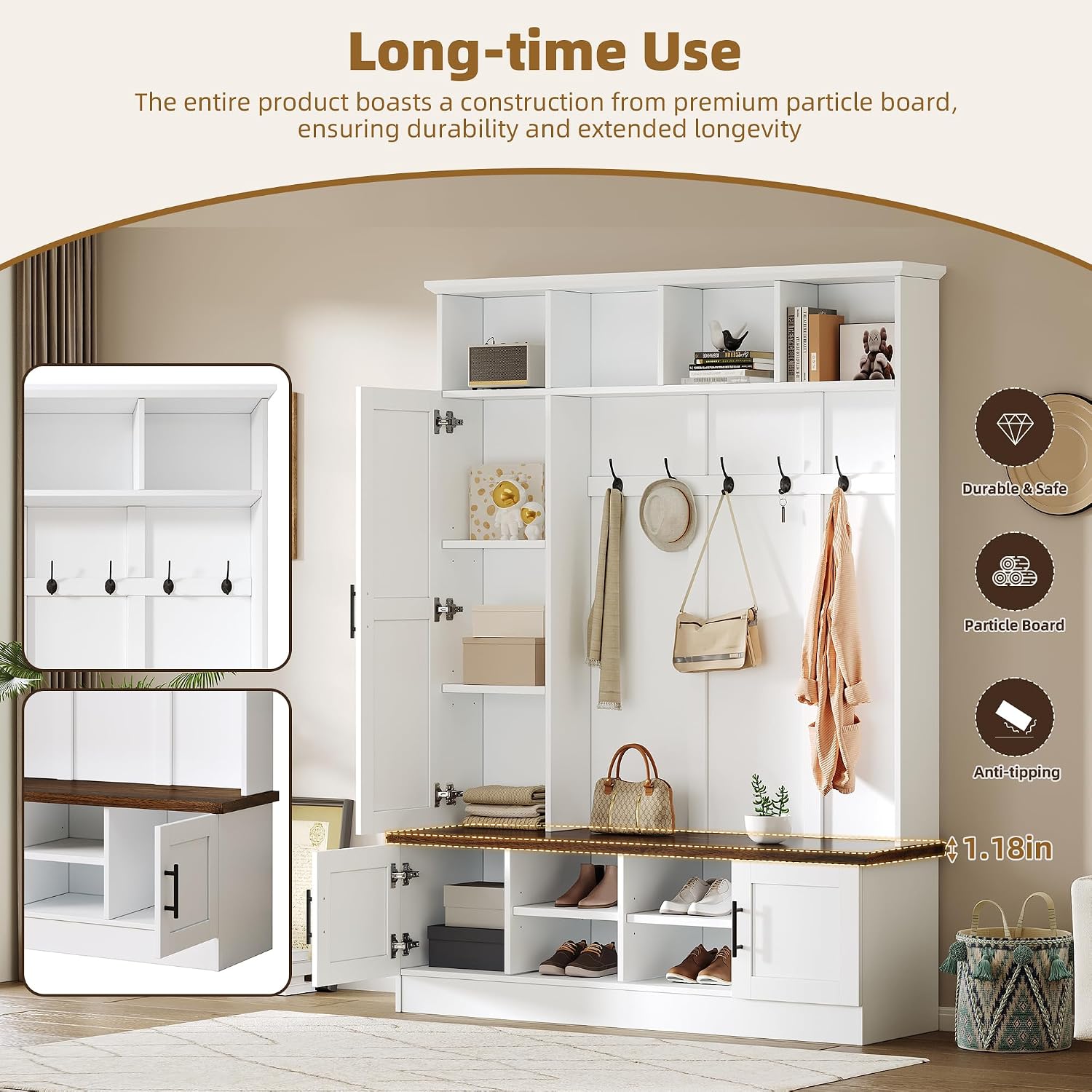 4-in-1 Hall Tree with Bench and Shoe Storage, Multi-functional Entryway Bench with Coat Rack, Storage Shelves, Shoe Cubbies, Adjustable Shelves, and 6 Hooks for Entryway, Hallway, White