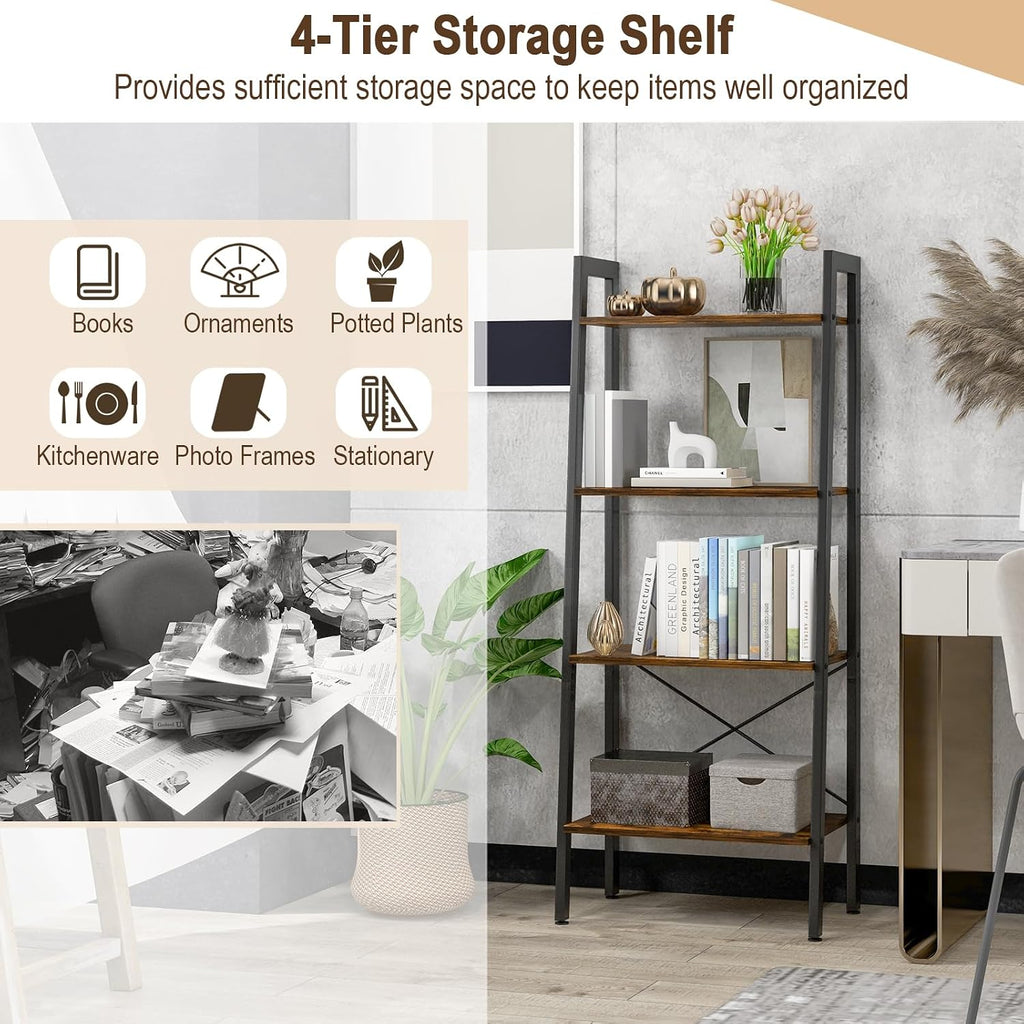 Vintage Ladder Shelf, 4/6 Tiers Wooden Industrial Storage Rack with Adjustable Footpads, Home Office Display Bookshelf Plant Stand for Living Room Bedroom (56 x 32 x 138 cm, Rustic Brown)