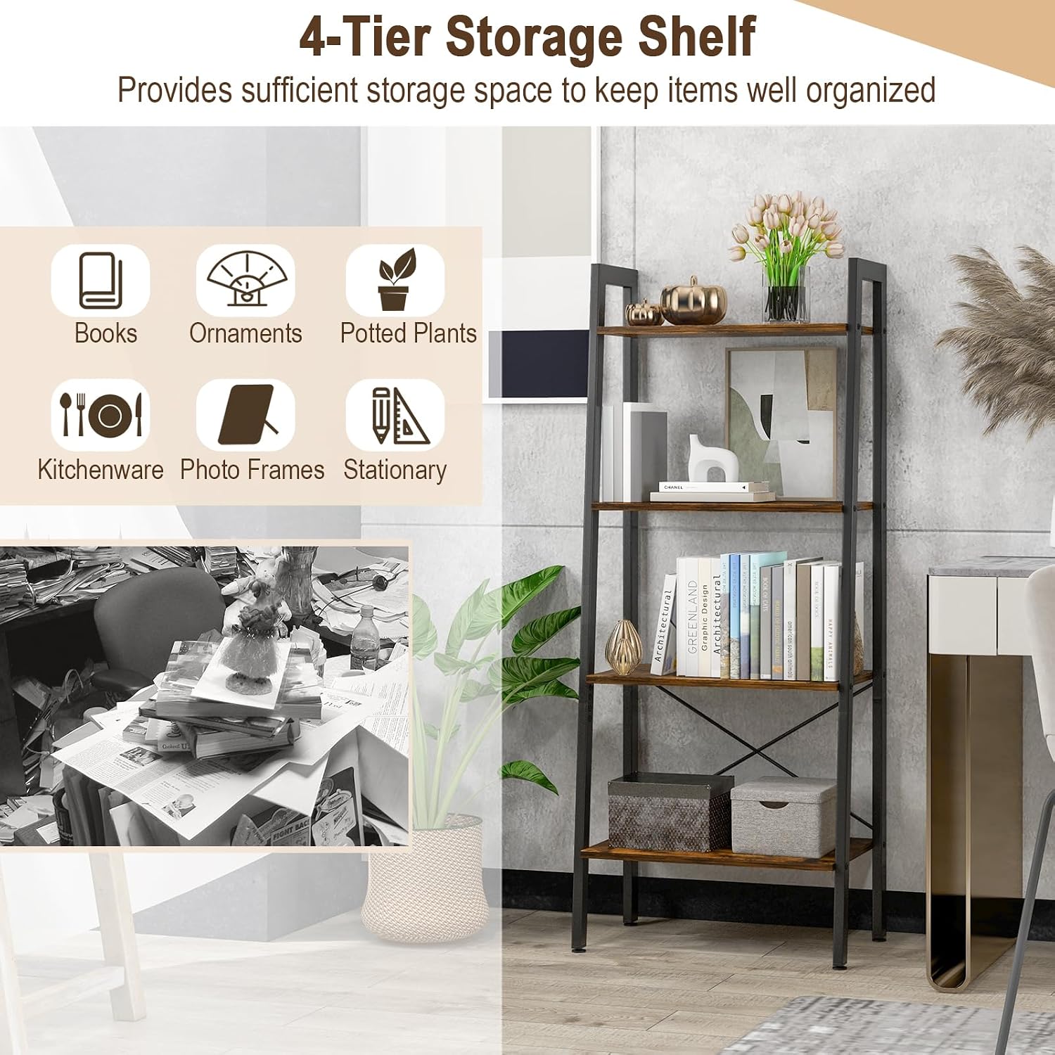 Vintage Ladder Shelf, 4/6 Tiers Wooden Industrial Storage Rack with Adjustable Footpads, Home Office Display Bookshelf Plant Stand for Living Room Bedroom (56 x 32 x 138 cm, Rustic Brown)