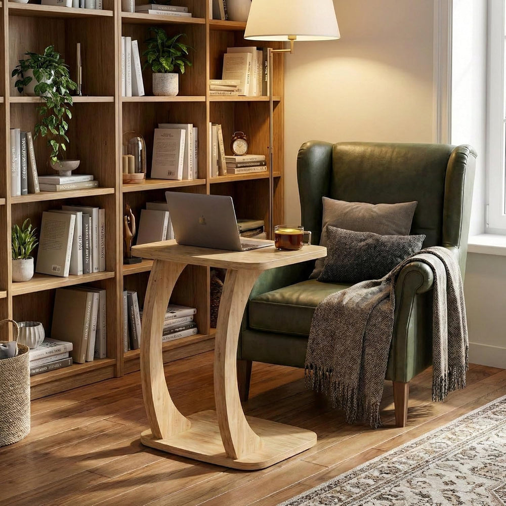 Modern C-Shaped Side Table, Curved Wood End Table for Couch, Sofa & Bed, ...