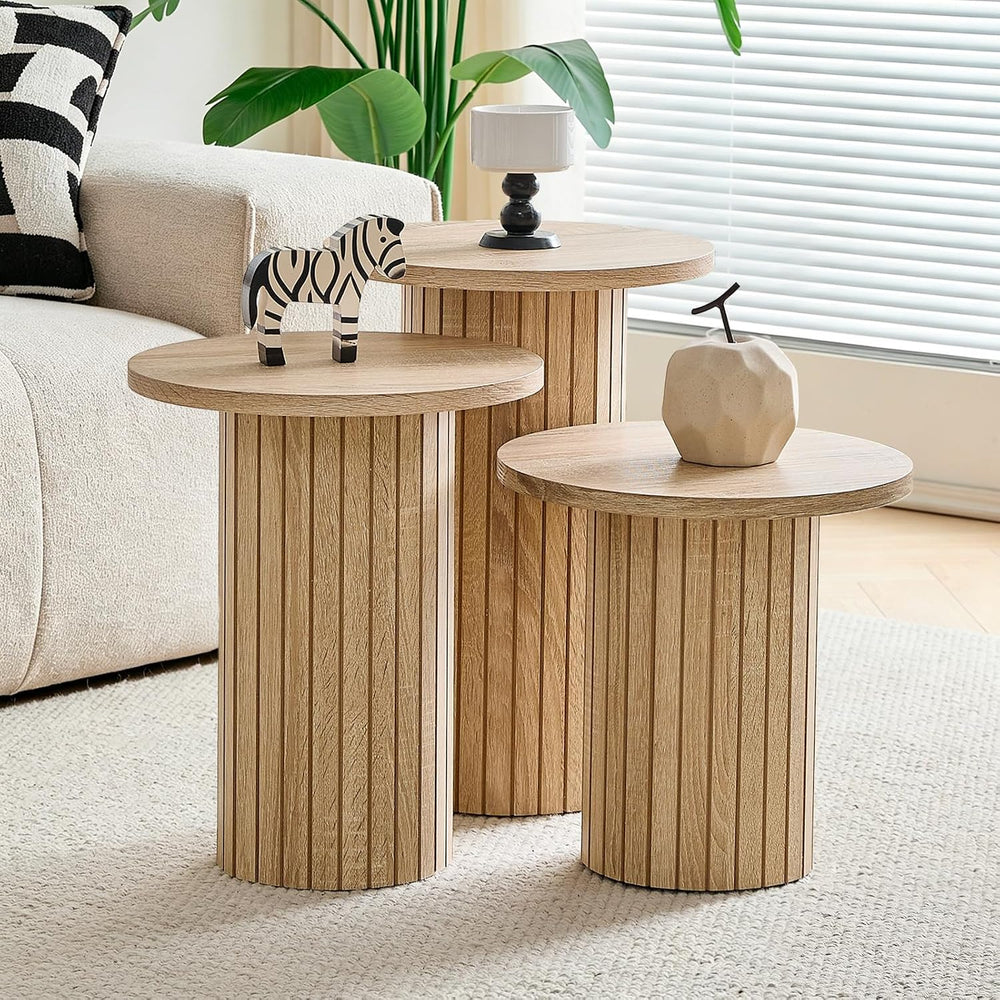 Round Nesting Coffee Table Set of 3 Mid Century Modern Wood Round Coffee Tabl...