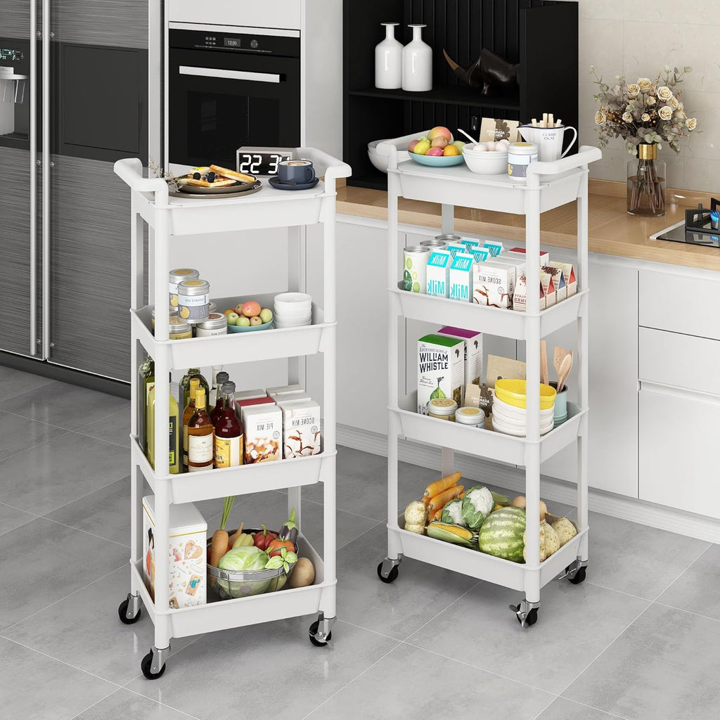 MIOCASA Utility Rolling Cart with Detachable Tray Top, 4-Tier Kitchen Storage Organization, Art Cart with Wheels for Office, Classroom, Livingroom, Kitchen, Bathroom (White, 4-Tier-Plastic)