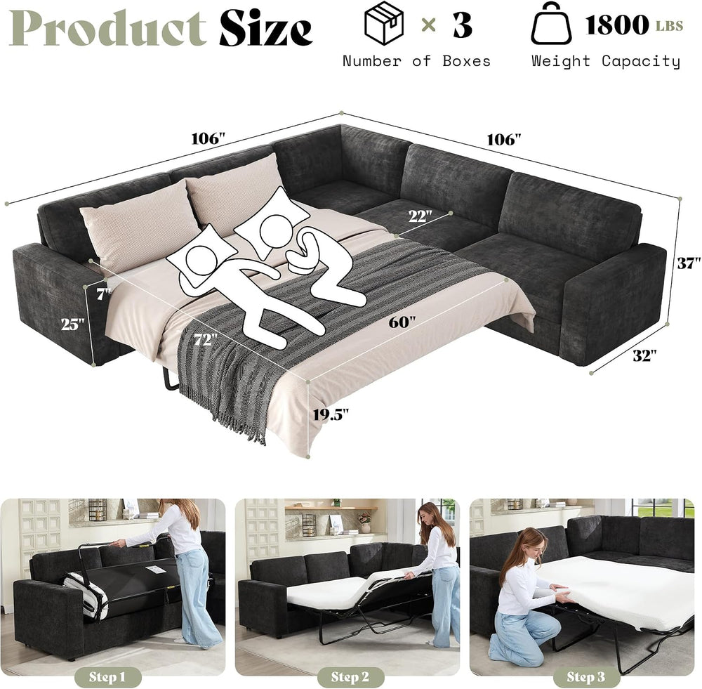 AMERLIFE 106" Sofa Bed, Couch with Pull Out Bed with Storage-Chenille Gr...