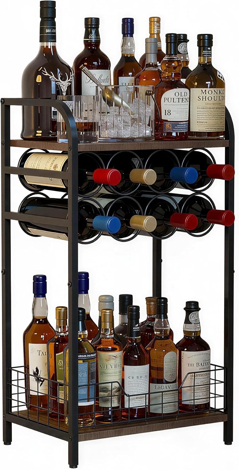 3-Tier Wine Rack Freestanding Floor Cabinet Corner Bar Cabinet Bar Cart,12 In...