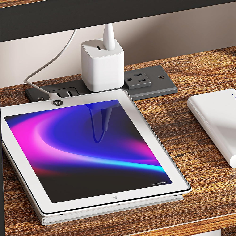 VECELO End Table with Charging Station and USB Ports, Small Wood Nightstand M...