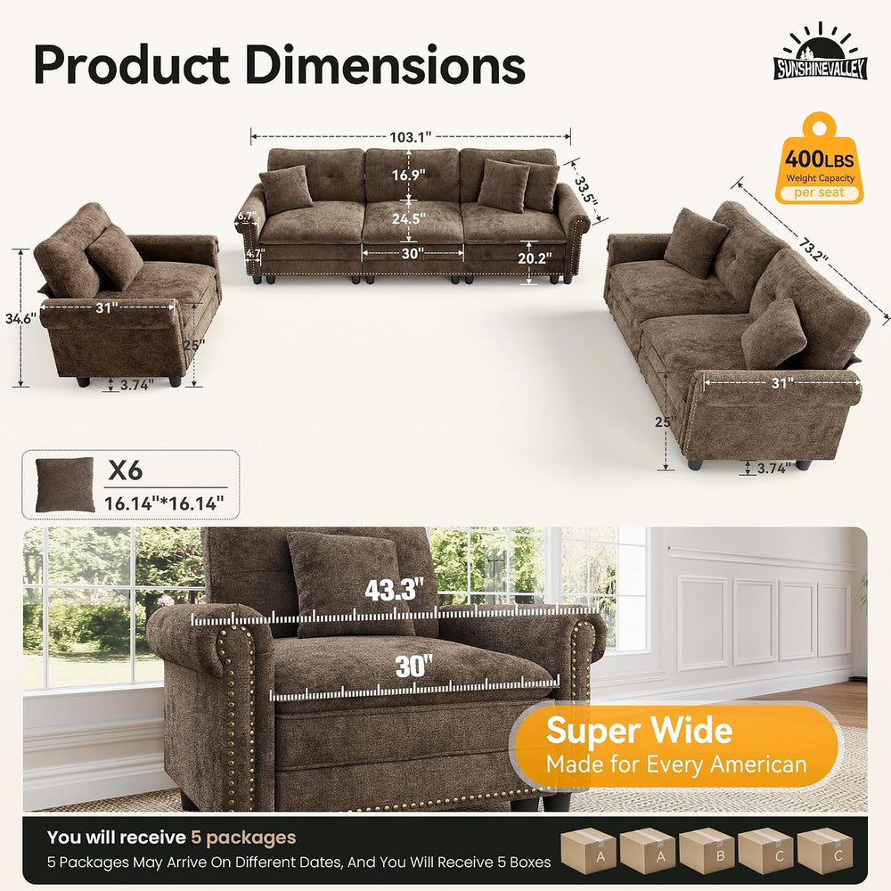 Modular Sectional Sofa Set Living Room 3-Piece Deep Seats