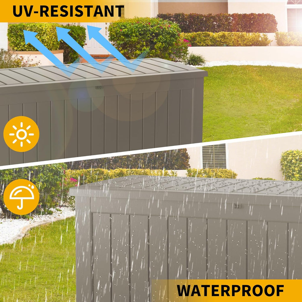 150 Gallon Outdoor Storage Box Waterproof Lockable Resin Deck Box Large, Patio Storage Bin for Pool Accessories Cushion Furniture, Garden Tools, UV-Resistant Outside Delivery Grey