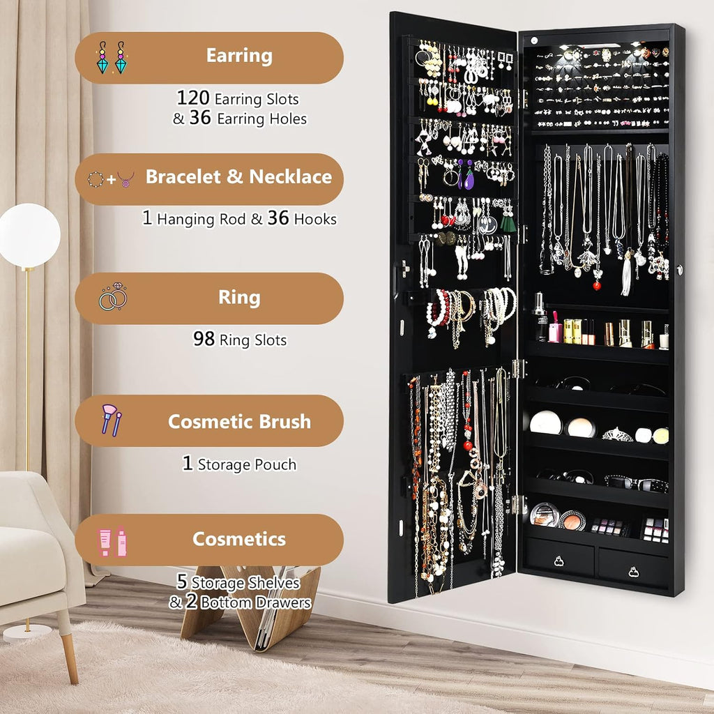 COSTWAY Wall Mounted Jewelry Armoire with Full Length Mirror & 2 LED Lights, Large Storage Capacity, Lockable Mirror Jewelry Cabinet for Women Girls (Black)