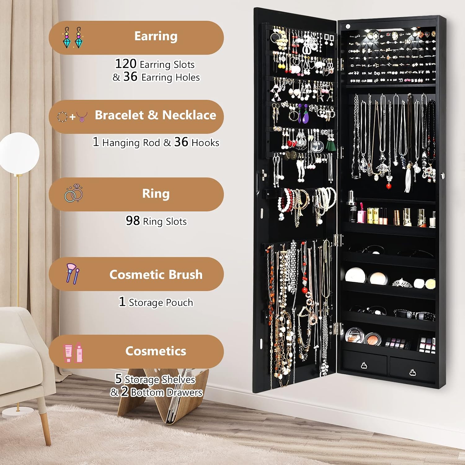 COSTWAY Wall Mounted Jewelry Armoire with Full Length Mirror & 2 LED Lights, Large Storage Capacity, Lockable Mirror Jewelry Cabinet for Women Girls (Black)