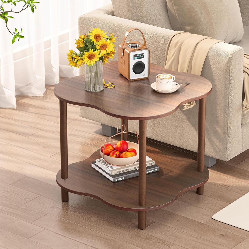Flower Shape End Table - 2-Tier Walnut Wood Color Coffee Tables, Modern Woode...