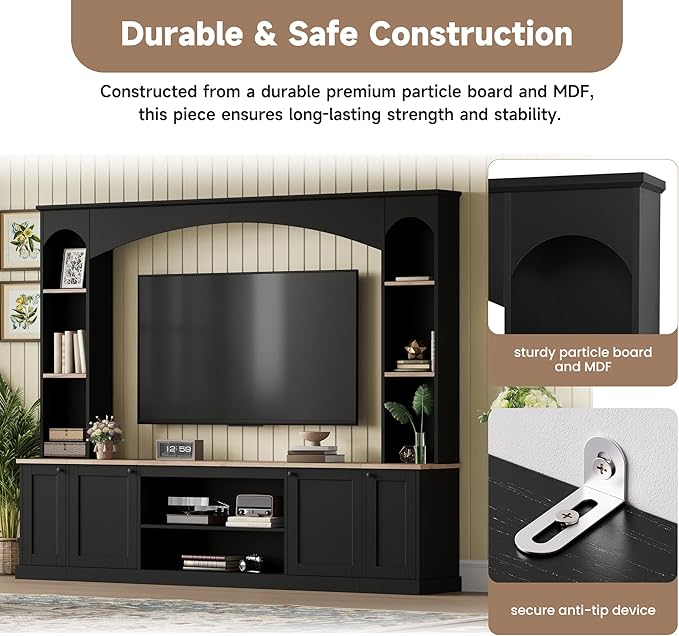 Farmhouse Arched Entertainment Center Wall Unit with Bookshelf, Large TV Stand with Wood Grain for TVs Up to 70", 91inch Media Console with Adjustable Shelves for Living Room (Black/F1)