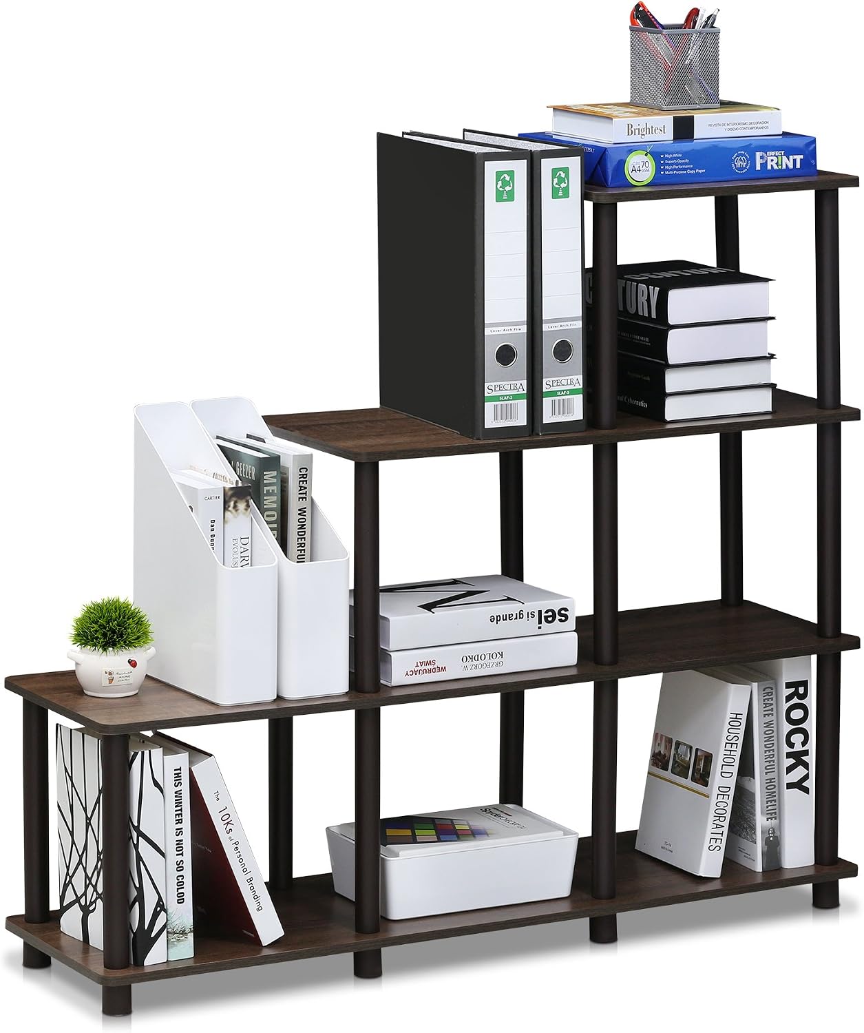 4-Tier Ladder Corner Shelf, 6 Cube Open Frame Book Shelf, Toolless Assembly Storage Shelves, Open Shelves for Organization and Storage, Garage, Home Office, Living Room, Walnut