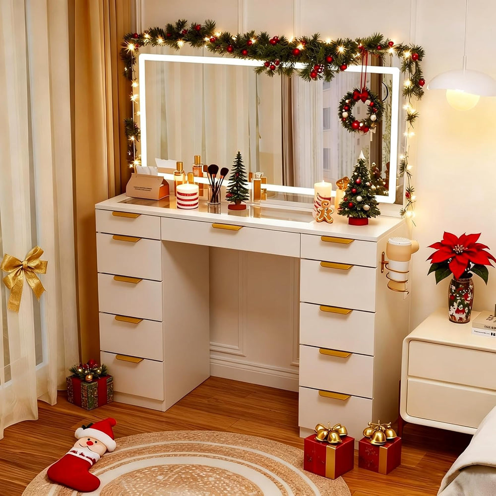 Pamapic Glass Top Vanity Desk with Mirror and Lights, 11 Drawers Makeup Vanit...