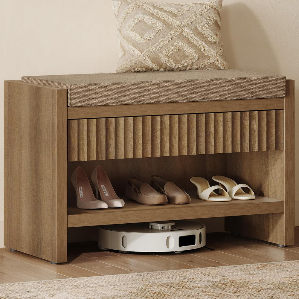 SICOTAS Fluted Shoe Bench with Cushion & Drawer for Entryway, Caramel Oak...