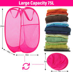 BATTOO Deluxe Strong Mesh Pop up Laundry Hamper Basket with Side Pocket for Laundry Room, Bathroom, Kids Room, College Dorm or Travel 2 Pack Blush