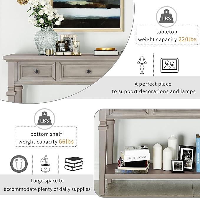 Merax Classic Long Narrow Console Table for Entryway Hallway Sideboard with Storage Drawers and Bottom Shelf Gray Wash