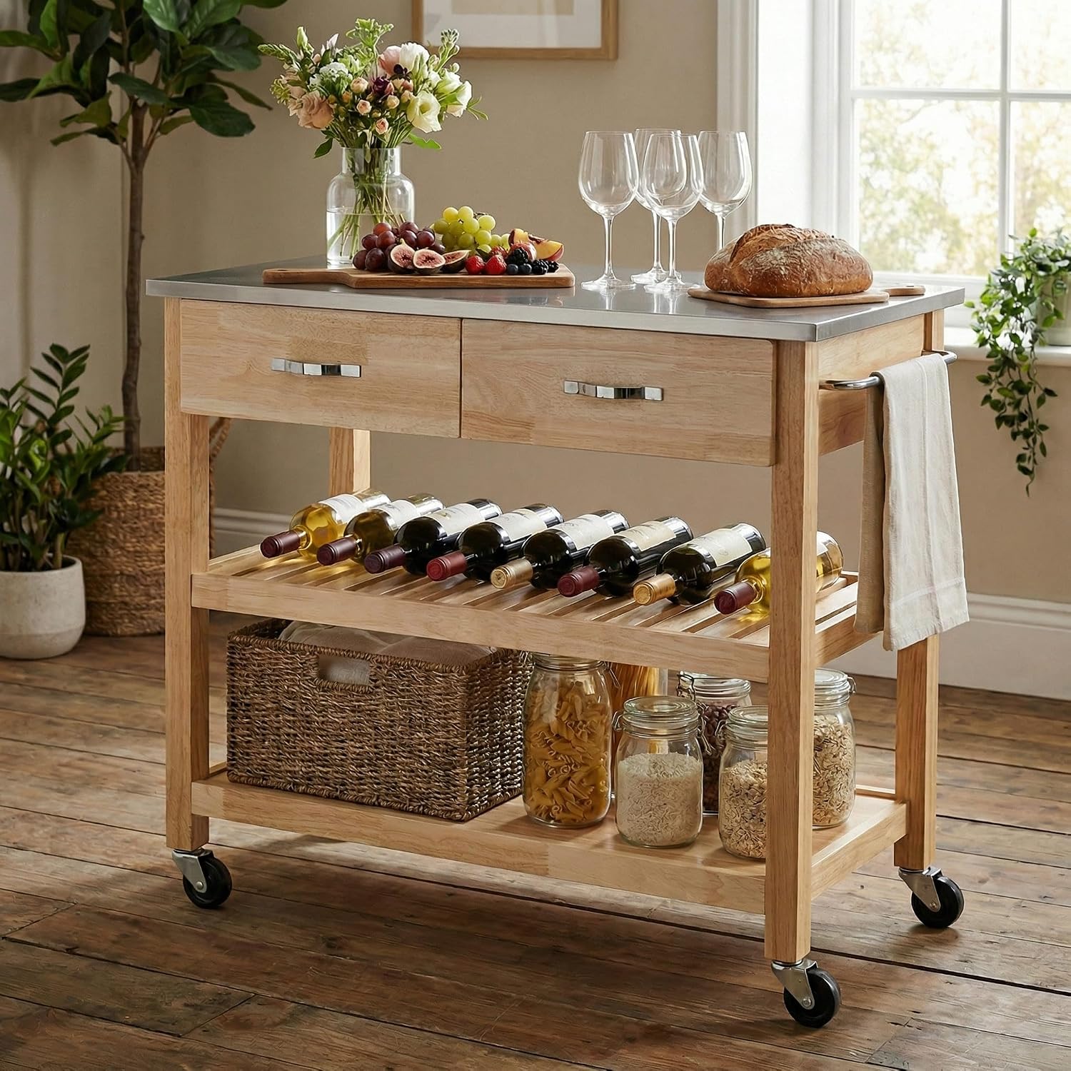 42" W Solid Wood Kitchen Island, Stainless Steel Top | 250 lbs capacity, lockable wheels, 2 utility drawers, wine rack, prep table for small spaces
