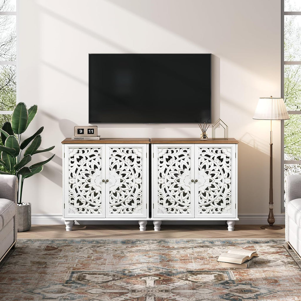 Accent Cabinet with Doors, Decorative Storage Cabinet with Adjustable Shelf, Carved Sideboard Buffet with Solid Wood Legs for Living Room, Entryway, Kitchen, Hallway, White