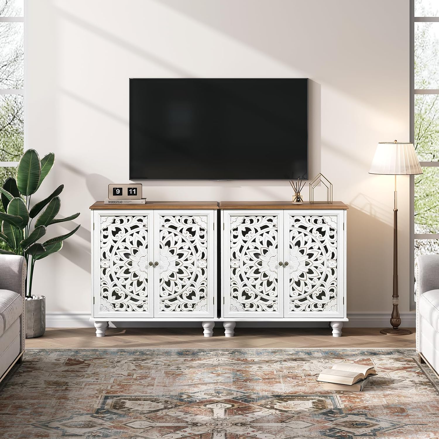 Accent Cabinet with Doors, Decorative Storage Cabinet with Adjustable Shelf, Carved Sideboard Buffet with Solid Wood Legs for Living Room, Entryway, Kitchen, Hallway, White