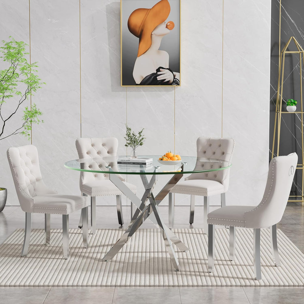 Henf 5 Piece Round Dining Table Set with 4 Chair, 47'' Round Glass Di...